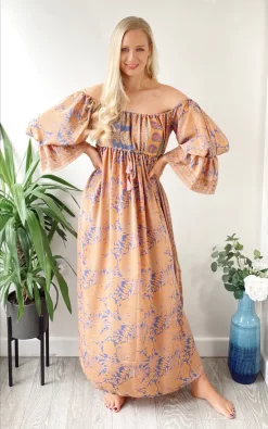 Alie Street Shop 22 Best deal β LEONORA GYPSY Bella Nude Floral Print Recycled Silk Bardot Boho Maxi π Dress π