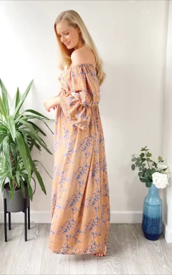 Best deal ⌛ LEONORA GYPSY Bella Nude Floral Print Recycled Silk Bardot Boho Maxi 👗 Dress 🎁 -Alie Street Shop unnamed file 2094