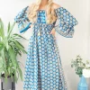 Best Pirce 👍 LEONORA GYPSY Bella Blue Printed Recycled Silk Bardot Boho Maxi 👗 Dress ✨