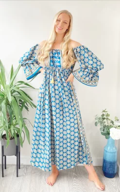 Best Pirce 👍 LEONORA GYPSY Bella Blue Printed Recycled Silk Bardot Boho Maxi 👗 Dress ✨