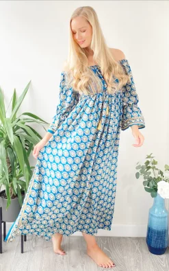 Best Pirce 👍 LEONORA GYPSY Bella Blue Printed Recycled Silk Bardot Boho Maxi 👗 Dress ✨ -Alie Street Shop unnamed file 2098