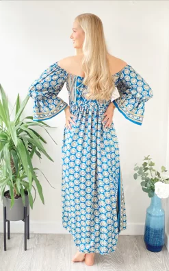 Best Pirce 👍 LEONORA GYPSY Bella Blue Printed Recycled Silk Bardot Boho Maxi 👗 Dress ✨ -Alie Street Shop unnamed file 2099