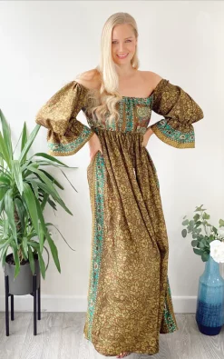 Budget ⌛ LEONORA GYPSY Bella Khaki And Brown Printed Recycled Silk Bardot Boho Maxi 👗 Dress ❤️