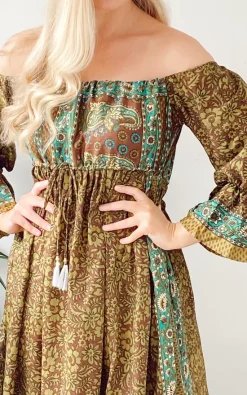 Budget ⌛ LEONORA GYPSY Bella Khaki And Brown Printed Recycled Silk Bardot Boho Maxi 👗 Dress ❤️ -Alie Street Shop unnamed file 2102