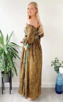 Budget ⌛ LEONORA GYPSY Bella Khaki And Brown Printed Recycled Silk Bardot Boho Maxi 👗 Dress ❤️ -Alie Street Shop unnamed file 2103