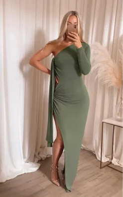 Hot Sale 👏 Rag & Doll Willow Asymmetric Cut Out One Shoulder Long Sleeve Tie Floorlength 👗 Dress Khaki 😀