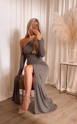 Outlet ❤️ Rag & Doll Willow Asymmetric Cut Out One Shoulder Long Sleeve Tie Floorlength 👗 Dress Grey 🥰