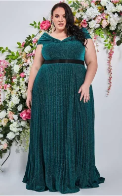 Promo 💯 Goddiva Plus Size Bardot Pleated 👗 Skirt Maxi 👗 Dress In Emerald Green 👍