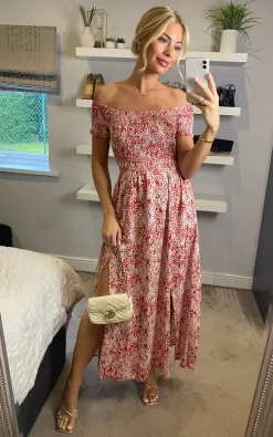 Discount π Izabel London Coral Ditsy Floral Bardot Maxi π Dress π