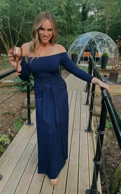 Top 10 🔔 Perfect 👗 Dress Company Navy Long Sleeve Bardot Off The Shoulder Maxi 👗 Dress 👏