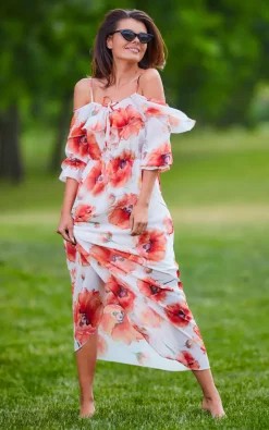 Cheap π AWAMA Cold Shoulder Maxi π Dress In Red Floral Print π