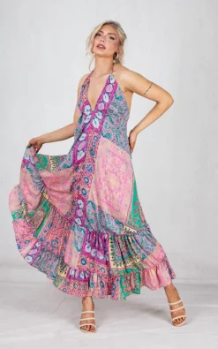 New π Boutique Store Pink Multicolour Halterneck Backless Maxi π Dress π