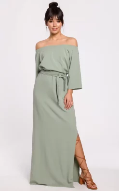 Best Pirce 😀 MOE Off Shoulder 👗 Dress Maxi With Waist Tie In Green 🔥