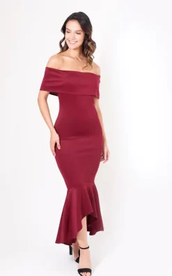 Cheap ✨ Want That Trend Alejandra Bardot Fishtail Maxi 👗 Dress In Wine Red 🎁