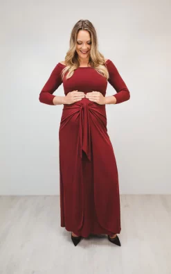 Buy 🧨 Perfect 👗 Dress Company Burgundy Red Maternity & Beyond Magical Maxi 👗 Dress, Bardot, Off The Shoulder Long Sleeves 💯