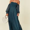 Discount ⌛ CY Boutique Off Shoulder Chiffon Maxi 👗 Dress With Long Sleeves In Blue 😍