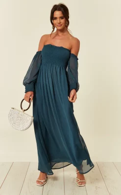 Discount ⌛ CY Boutique Off Shoulder Chiffon Maxi 👗 Dress With Long Sleeves In Blue 😍