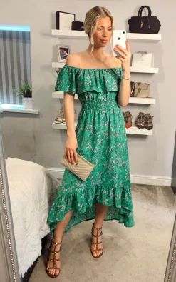 Best Pirce 🛒 Mela London Green Flower Bardot High Low Maxi 👗 Dress 👏