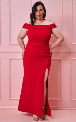 Coupon π Goddiva Plus Off The Shoulder Maxi With Split In Red π€©