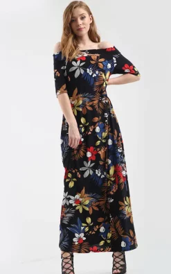 Discount π Oops Fashion Off Shoulder Maxi π Dress In Black Floral Print π€©