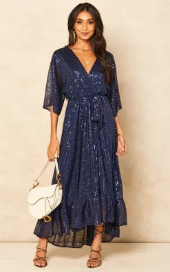 Outlet 👏 Bella And Blue Sequin Plunge Maxi 👗 Dress In Navy 🎁