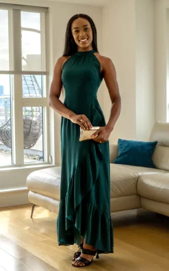 Cheap 🔥 Double Second Green Crepe Halter Neck Wrap Front Frill Maxi 👗 Dress 🎉