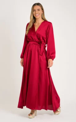 Discount π KRISP Long Sleeve Wrap Front Burgundy Satin Maxi π Dress π