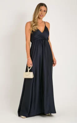 Hot Sale β KRISP Strappy Wrap Front Navy Satin Maxi π Dress π