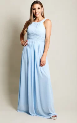 Top 10 🧨 KRISP Pleated Front Aqua Blue Chiffon Maxi 👗 Dress 🔔