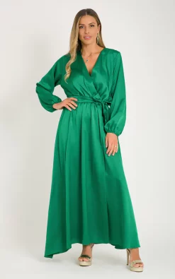 Best Sale ✨ KRISP Long Sleeve Wrap Front Green Satin Maxi 👗 Dress 😉