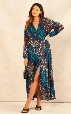 Hot Sale βοΈ Sarta Star Print Long Sleeve Wrap π Dress Star Wave Maxi π Dress In Blue Orange π₯
