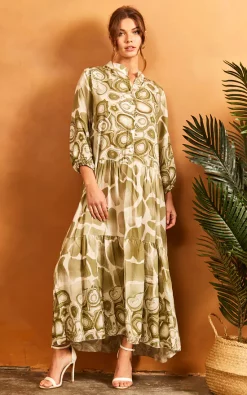 Best deal 🌟 Blue Vanilla Jessie Giraffe & Marble Print Long Sleeve Smock Maxi 👗 Dress In Green 🤩