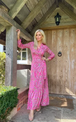 Hot Sale 🔥 The 👗 Dress Cellar Deep Frill Wrap Maxi 👗 Dress In Pink 🔥