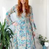 Coupon ✨ LEONORA GYPSY Ophelia Blue Peach Printed Silk Boho Wrap Maxi 👗 Dress 🎉