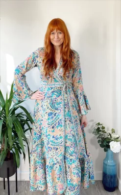 Coupon ✨ LEONORA GYPSY Ophelia Blue Peach Printed Silk Boho Wrap Maxi 👗 Dress 🎉