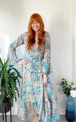 Coupon ✨ LEONORA GYPSY Ophelia Blue Peach Printed Silk Boho Wrap Maxi 👗 Dress 🎉 -Alie Street Shop unnamed file 2665