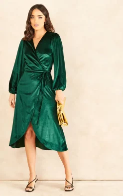 Top 10 π Chekani Curved Hem Long Sleeve Midi Wrap π Dress In Green Velvet | Georgia π