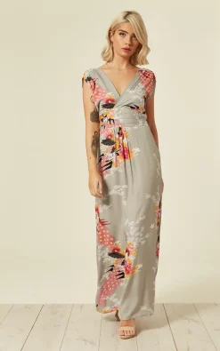 Best Pirce 🤩 Ruby Rocks Grey Peacock Floral 🌞 Summer Maxi 👗 Dress 🔔