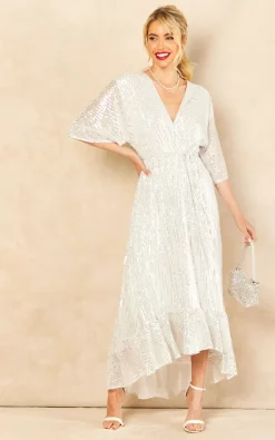 Discount 👍 Bella And Blue Sequin Plunge Maxi 👗 Dress In Silver ⭐