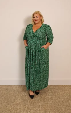 Wholesale 💯 Perfect 👗 Dress Company Curve Leopard Print Blouson Midaxi Green 🔔