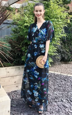 Flash Sale 😍 CY Boutique Short Sleeve Wrap Maxi 👗 Dress In Black Blue Floral Print ❤️