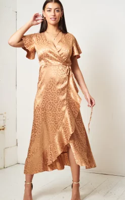 Best Sale ✔️ Love Frontrow Jacquard Leopard Print Angel Sleeve Wrap 👗 Dress | Gold 🛒