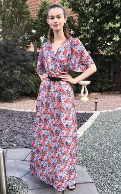 Brand new 🧨 CY Boutique Short Sleeve Wrap Maxi 👗 Dress In Small Orange Floral Print ⭐
