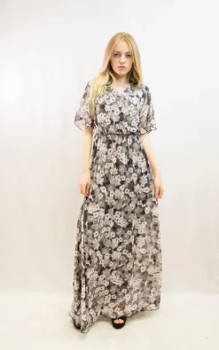 Hot Sale 🛒 CY Boutique Short Sleeve Wrap Maxi 👗 Dress In Grey Floral Print 😉