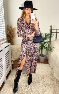 Hot Sale β Jenerique Long Sleeve Wrap Maxi π Shirt π Dress In Brown Leopard Print π