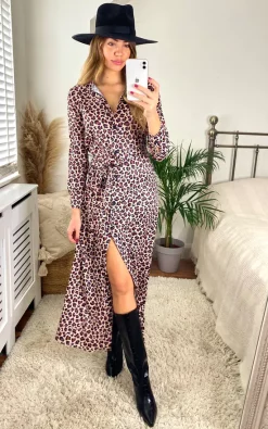 Hot Sale ⭐ Jenerique Long Sleeve Wrap Maxi 👕 Shirt 👗 Dress In Brown Leopard Print 😍 -Alie Street Shop unnamed file 2876