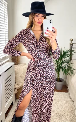 Hot Sale ⭐ Jenerique Long Sleeve Wrap Maxi 👕 Shirt 👗 Dress In Brown Leopard Print 😍 -Alie Street Shop unnamed file 2877