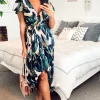 Wholesale 💯 TENKI LONDON Leaf Print Ruffle Wrap Maxi 👗 Dress In Green ⌛