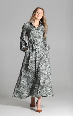 Flash Sale 😉 Lanti Maxi 👗 Dress With Collar Tied At Waist In Green Leaves Pattern ✨