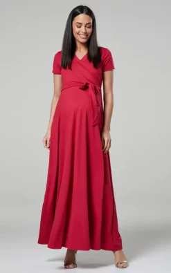 Budget 👍 Happy Mama Maternity & Nursing Maxi 👗 Dress Short Sleeve In Raspberry ❤️